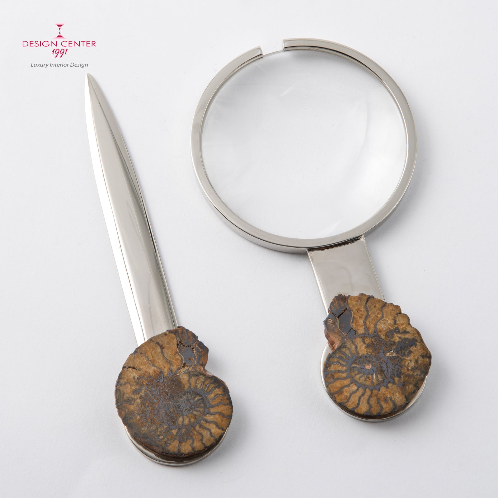 Set Lente e Tagliacarte con ammoniti autentiche - Collezione Fossiline