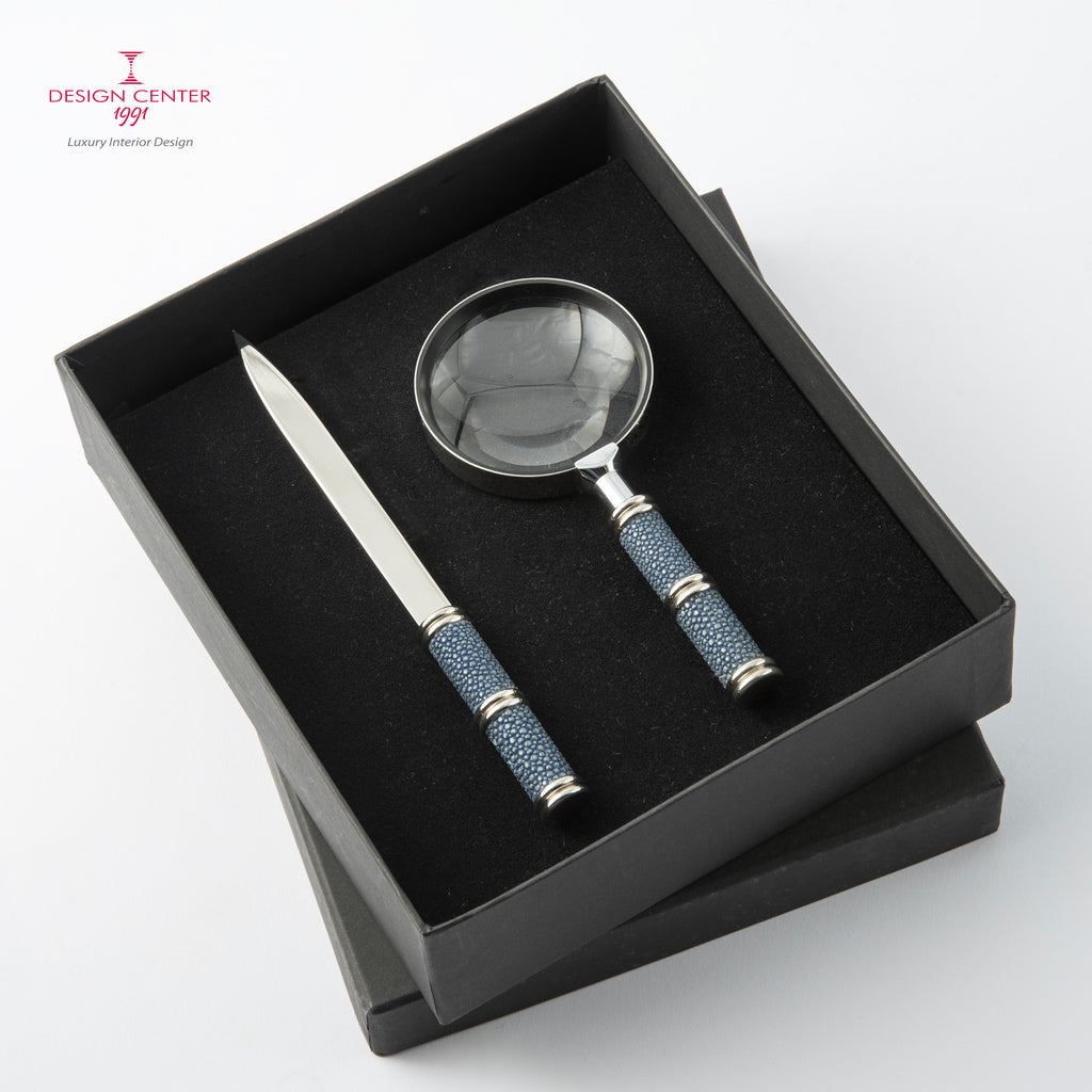 Set scrivania in pelle shagreen blu notte - Collezione Galucharme