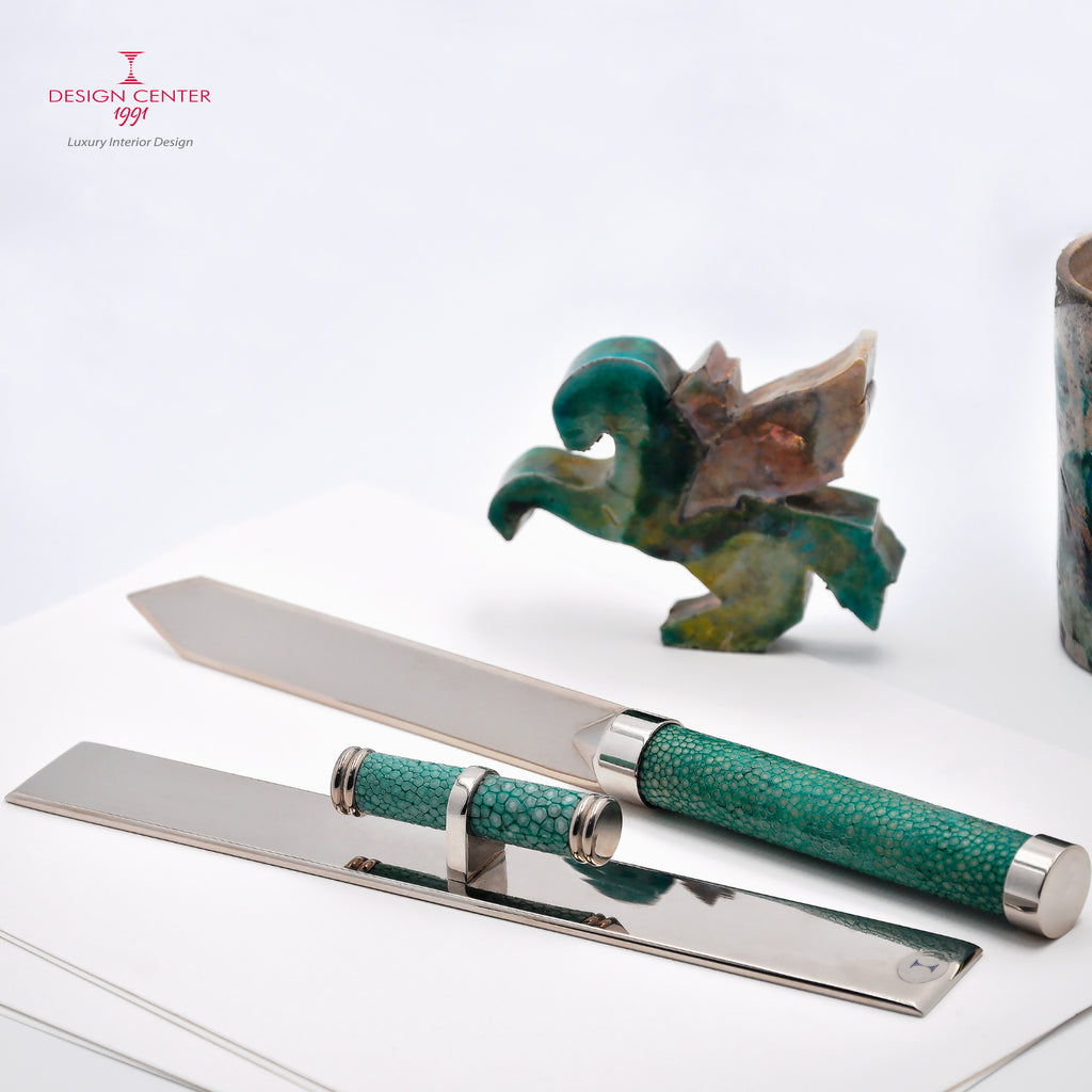 Set tagliacarte e righello in pelle shagreen verde smeraldo - Collezione Galucharme