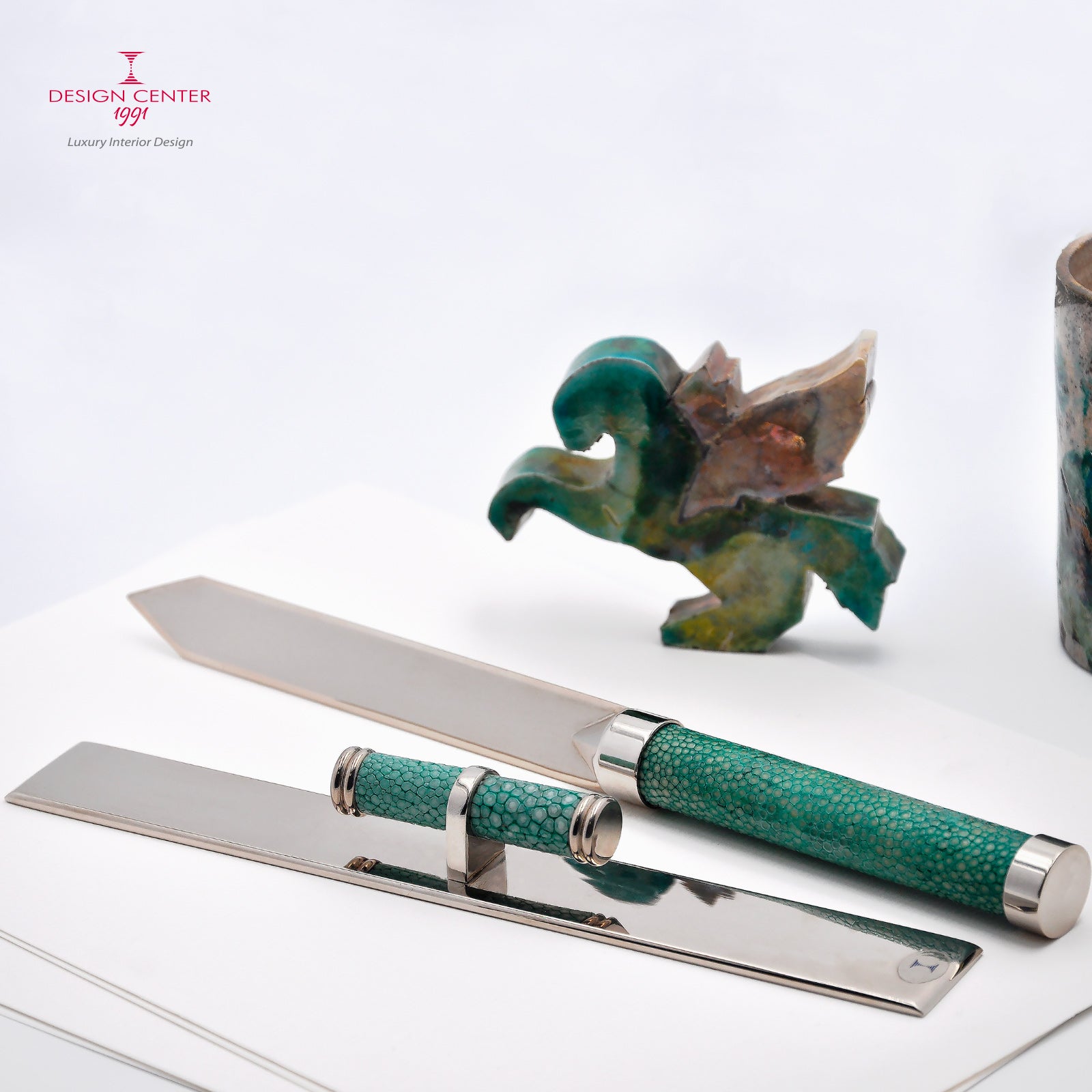 Set tagliacarte e righello in pelle shagreen verde smeraldo - Collezione Galucharme