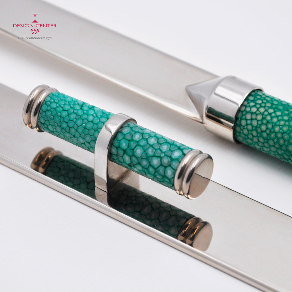Set tagliacarte e righello in pelle shagreen verde smeraldo - Collezione Galucharme