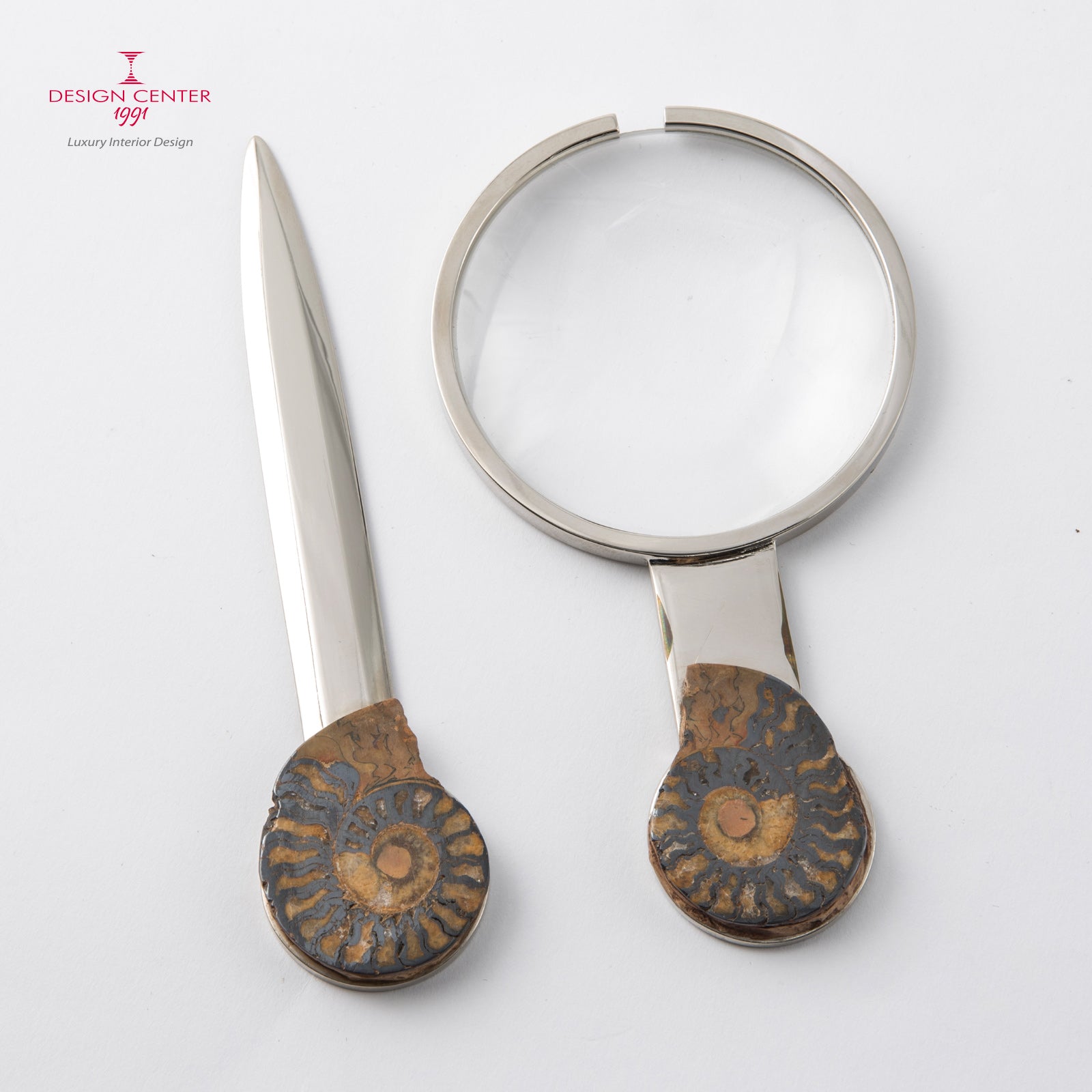 Set Lente e Tagliacarte con ammoniti autentiche - Collezione Fossiline