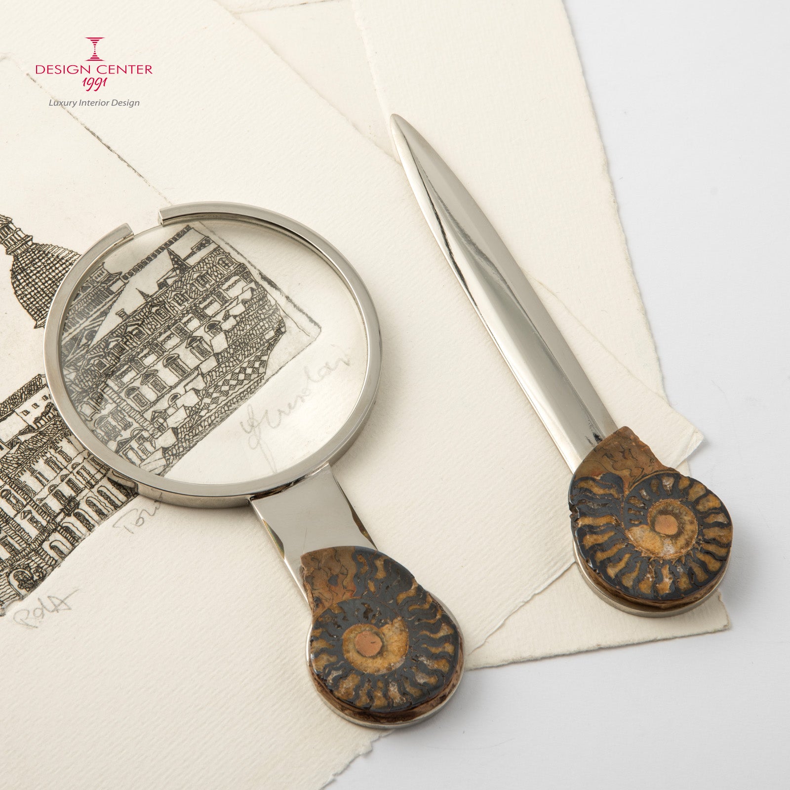 Set Lente e Tagliacarte con ammoniti autentiche - Collezione Fossiline