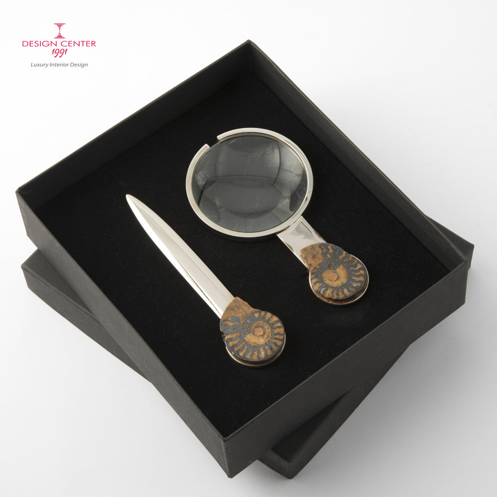 Set Lente e Tagliacarte con ammoniti autentiche - Collezione Fossiline