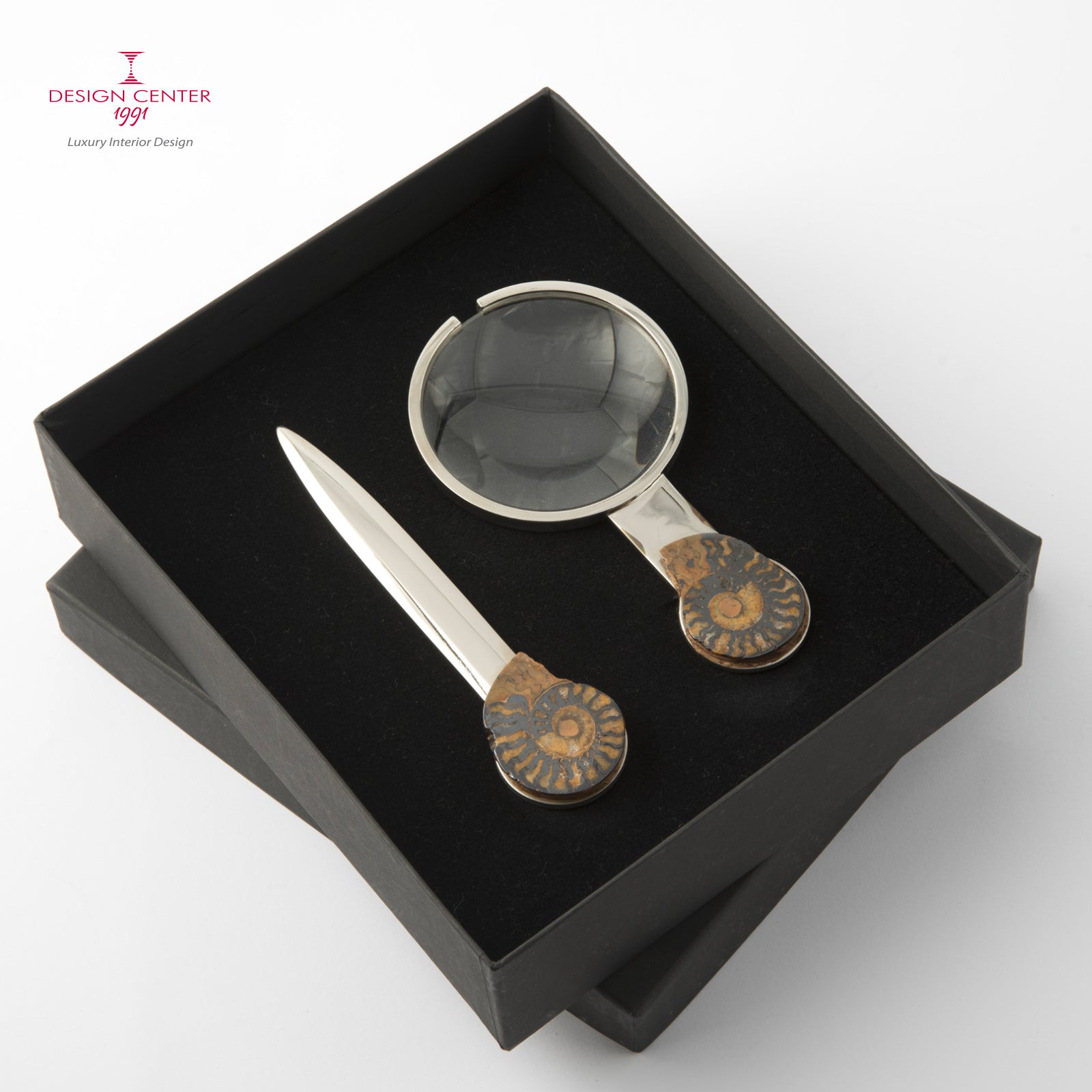 Set Lente e Tagliacarte con ammoniti autentiche - Collezione Fossiline