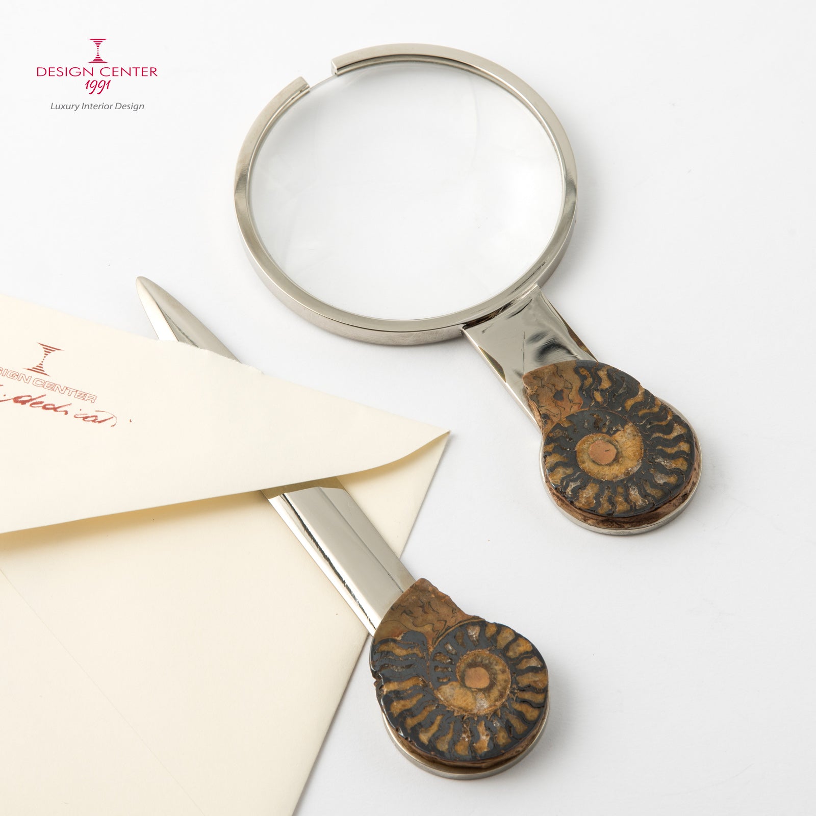 Set Lente e Tagliacarte con ammoniti autentiche - Collezione Fossiline