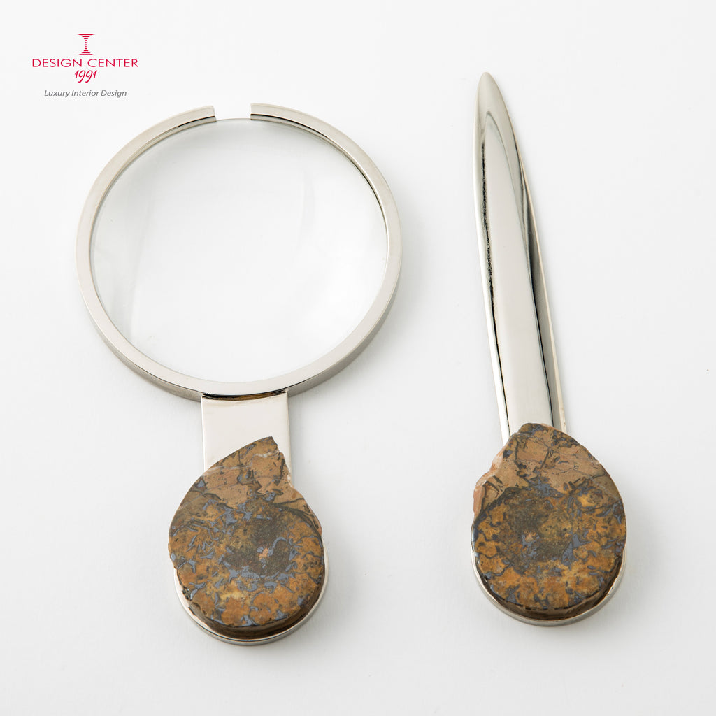 Set Lente e Tagliacarte con ammoniti autentiche - Collezione Fossiline