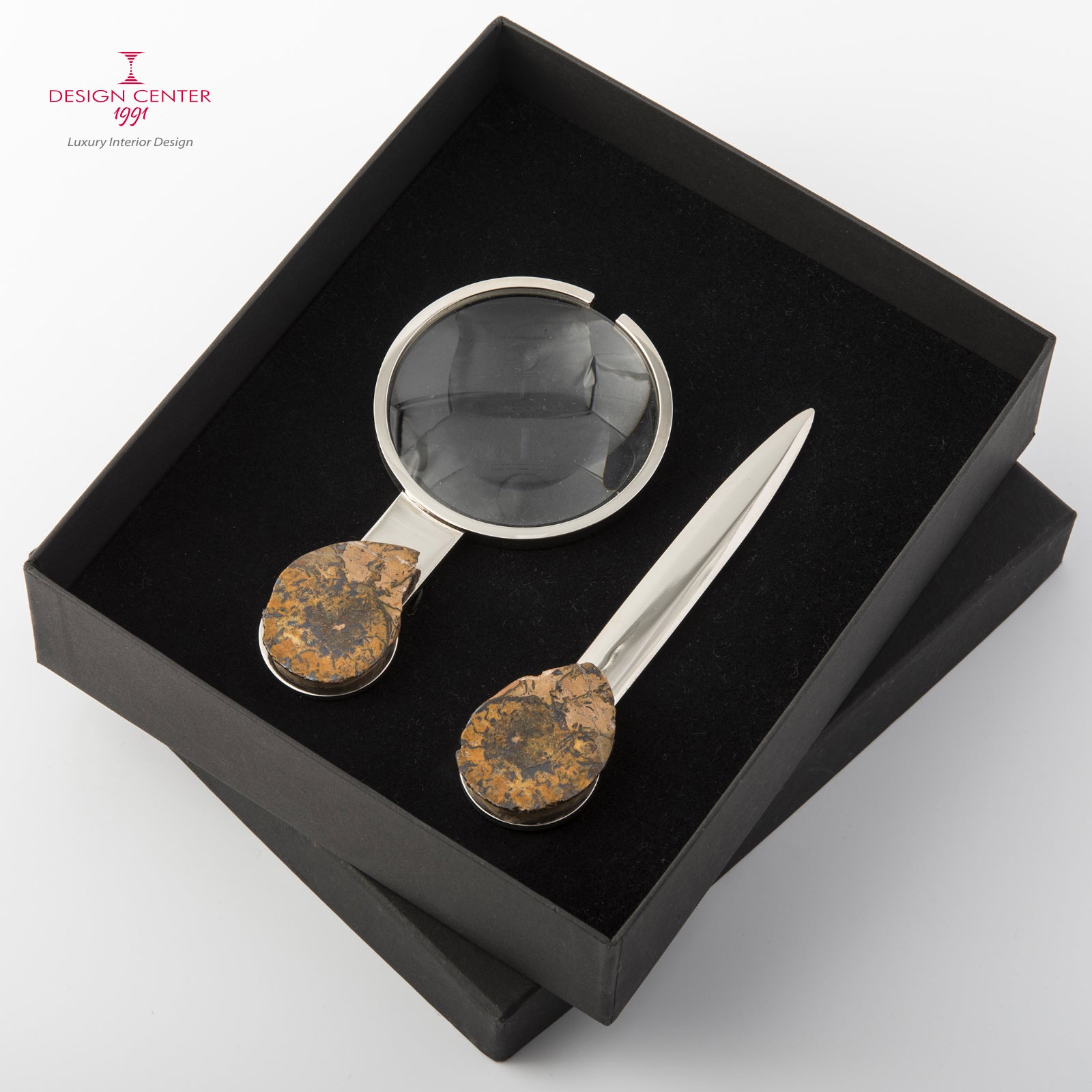 Set Lente e Tagliacarte con ammoniti autentiche - Collezione Fossiline