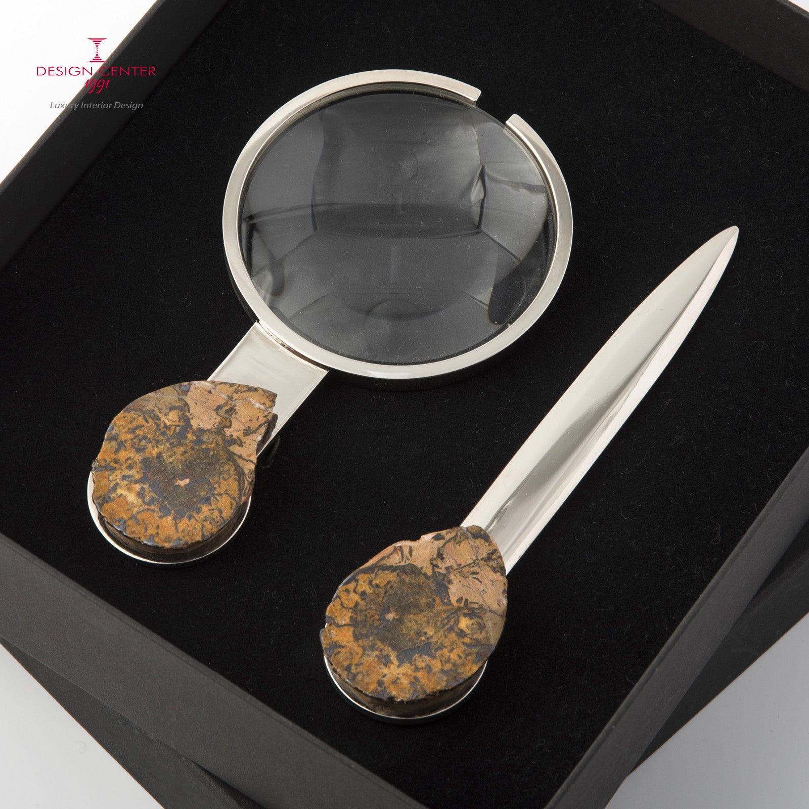 Set Lente e Tagliacarte con ammoniti autentiche - Collezione Fossiline