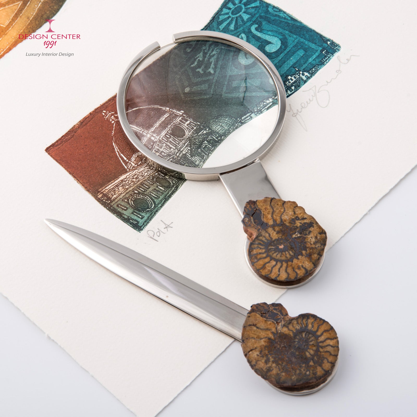 Set Lente e Tagliacarte con ammoniti autentiche - Collezione Fossiline