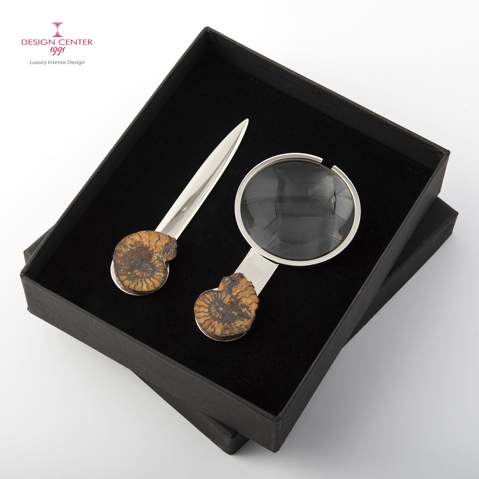 Set Lente e Tagliacarte con ammoniti autentiche - Collezione Fossiline
