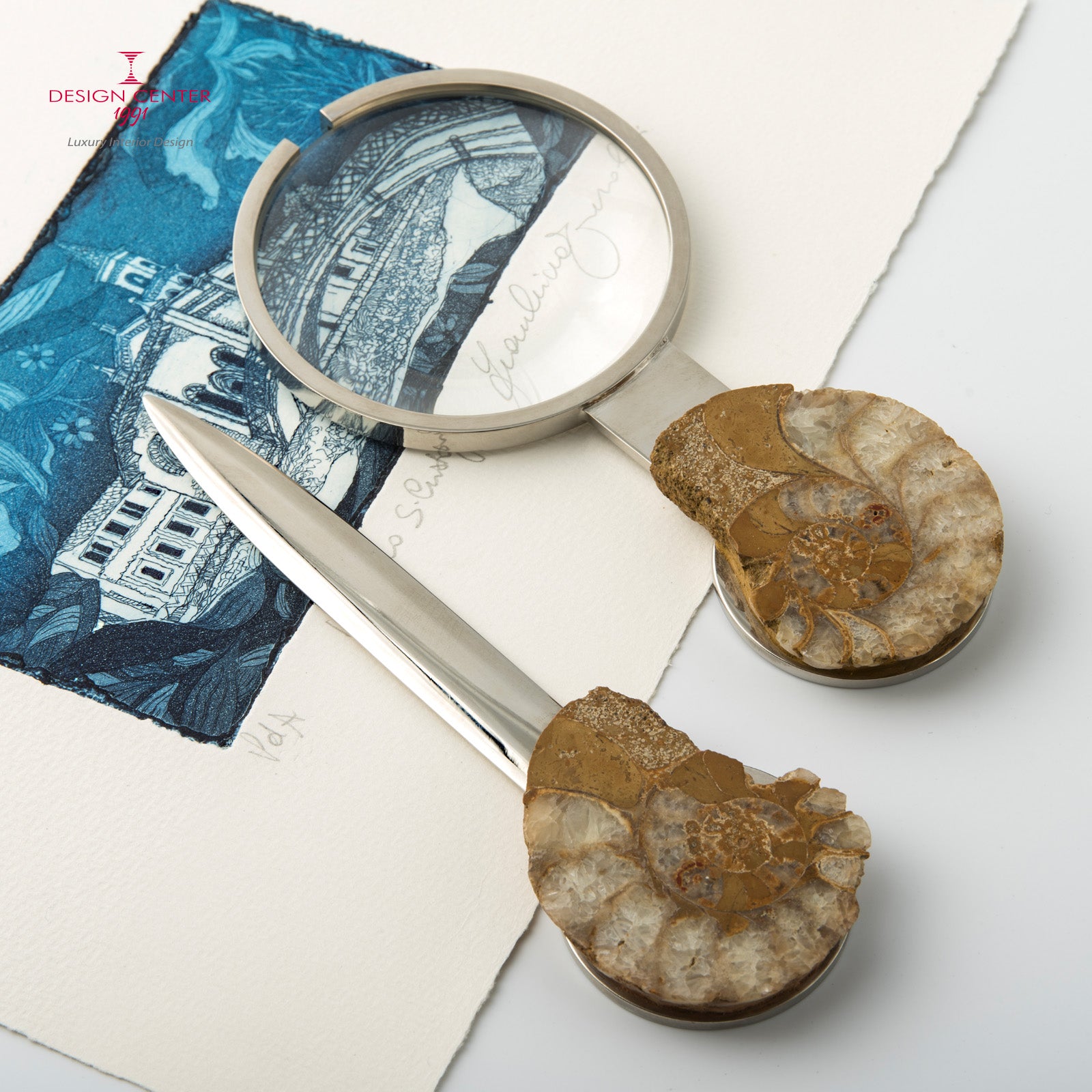 Set Lente e Tagliacarte con ammoniti inglesi - Collezione Fossiline