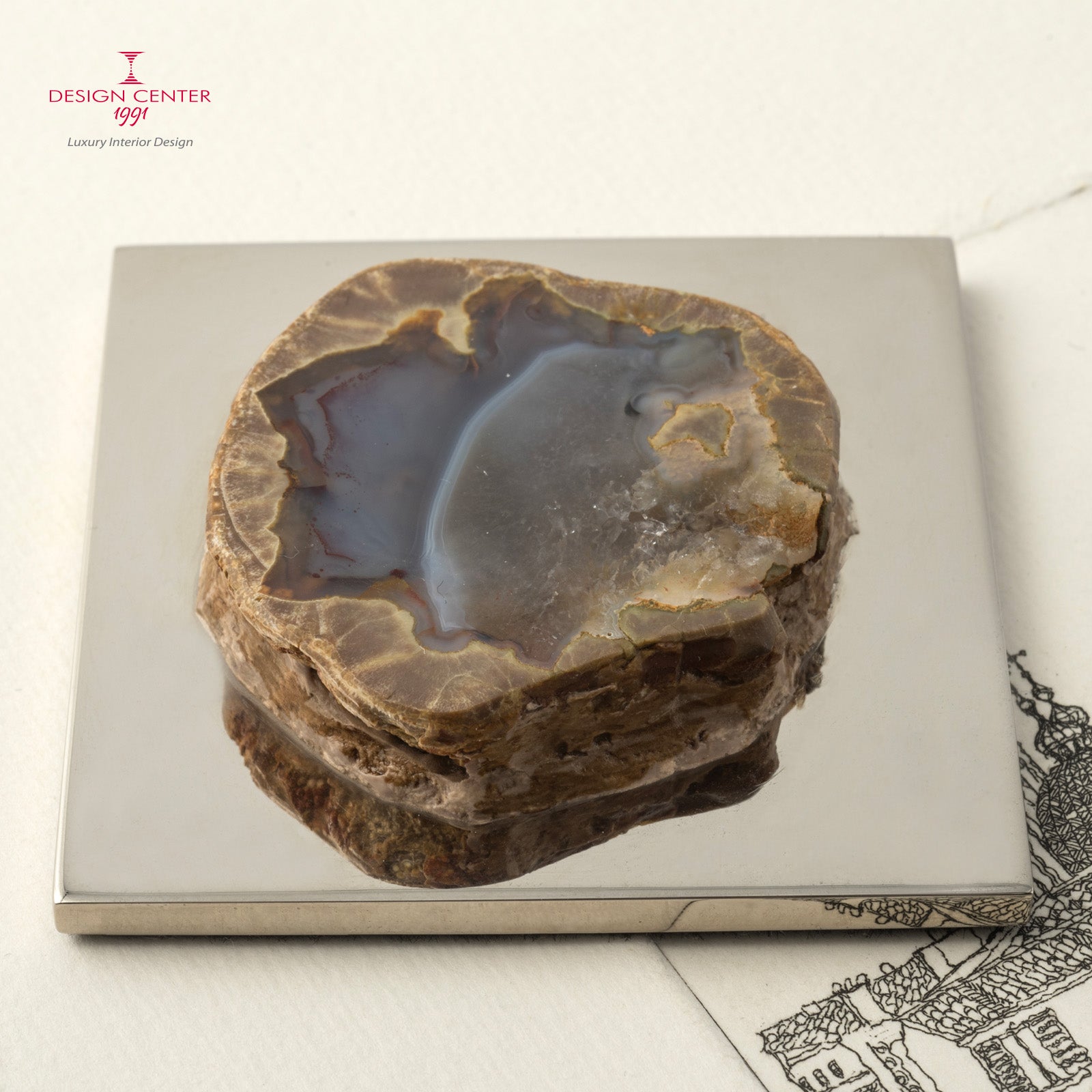 Fermacarte in ottone e geode di agata blu  #1 - Collezione Fossiline