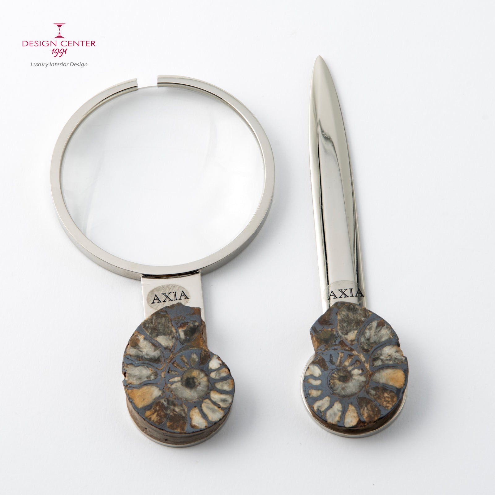 Set Lente e Tagliacarte con ammoniti autentiche - Collezione Fossiline