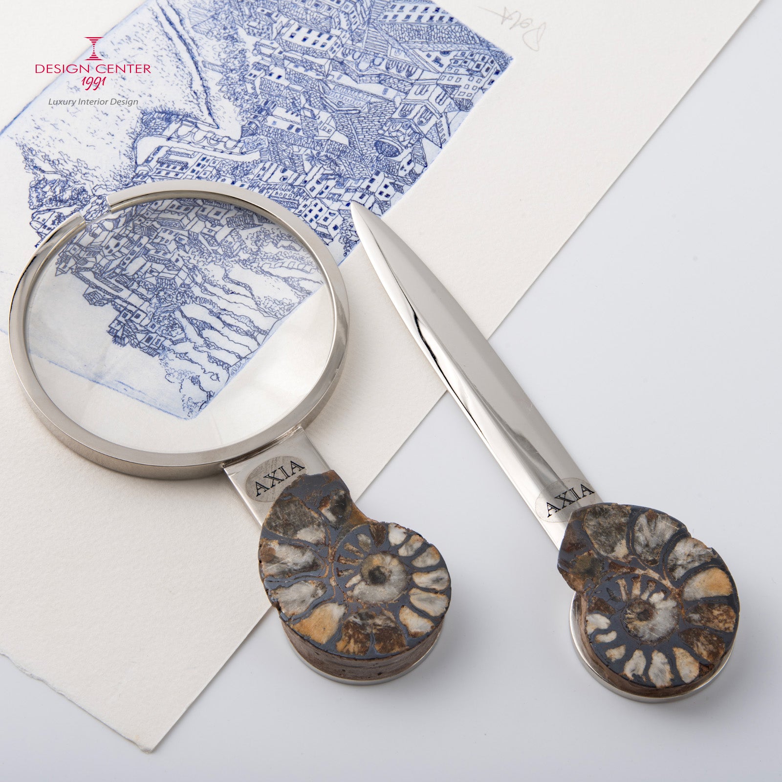 Set Lente e Tagliacarte con ammoniti autentiche - Collezione Fossiline