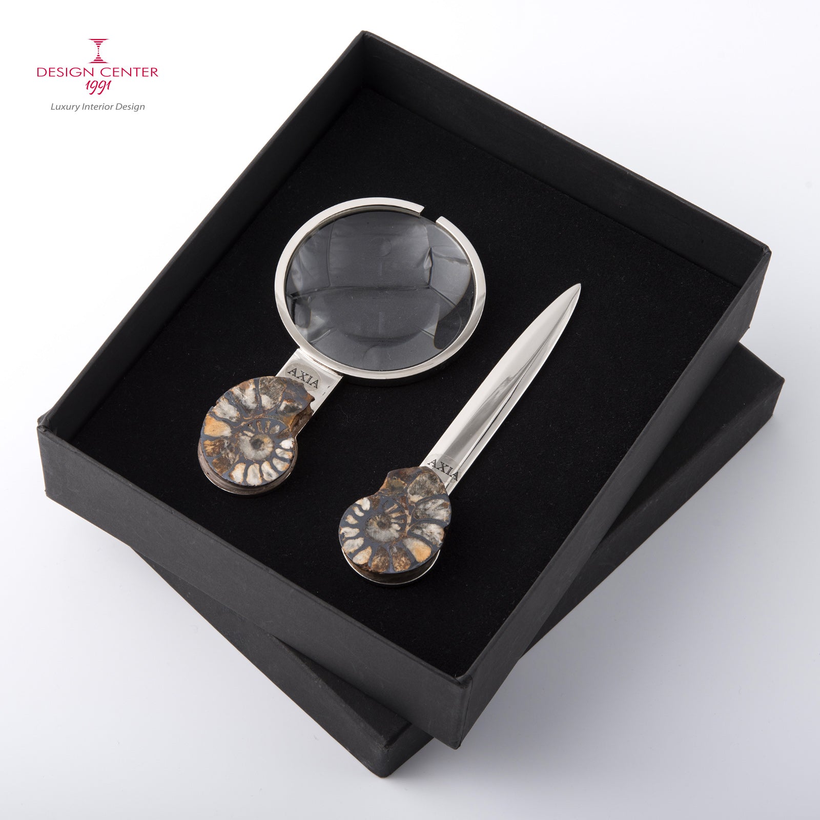 Set Lente e Tagliacarte con ammoniti autentiche - Collezione Fossiline