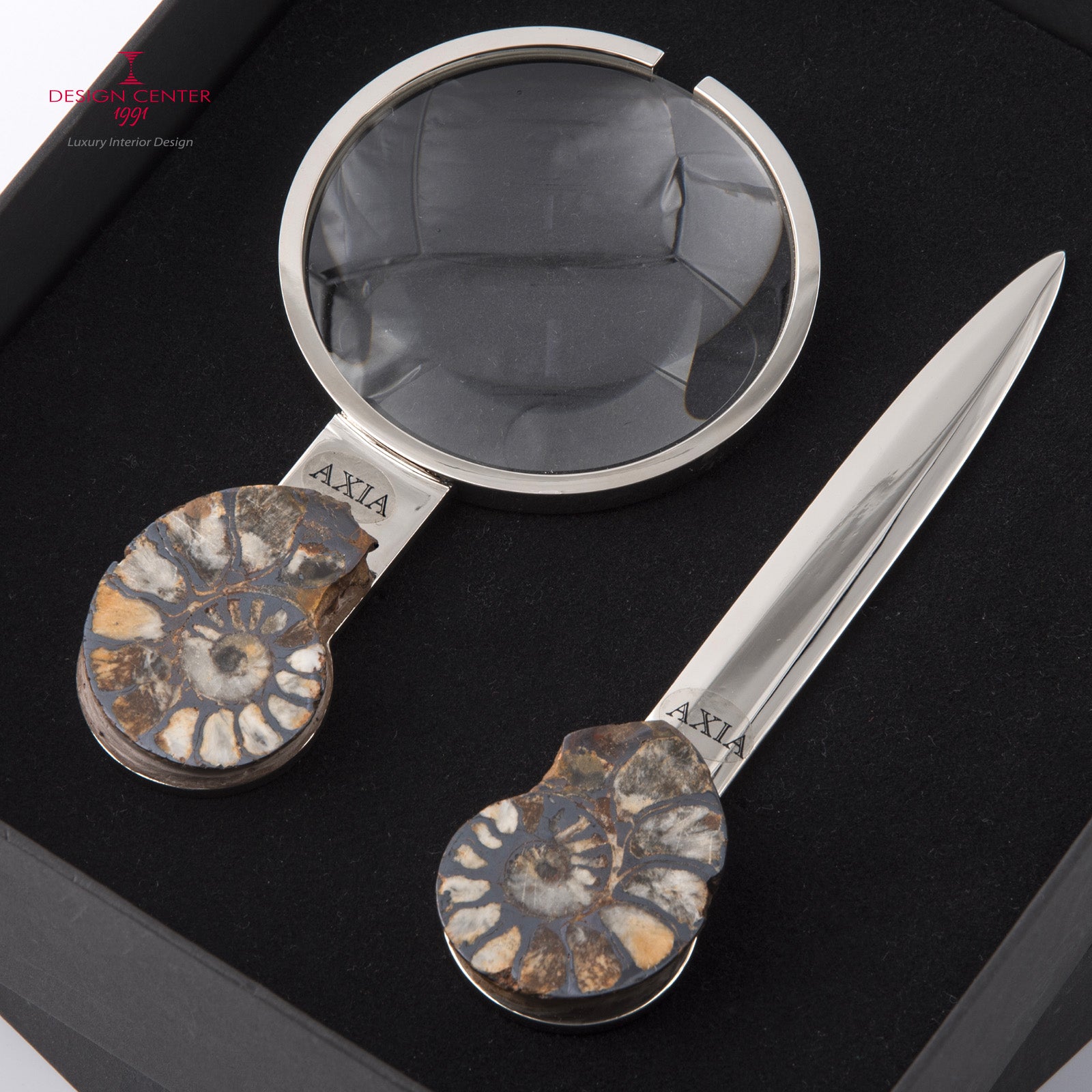 Set Lente e Tagliacarte con ammoniti autentiche - Collezione Fossiline