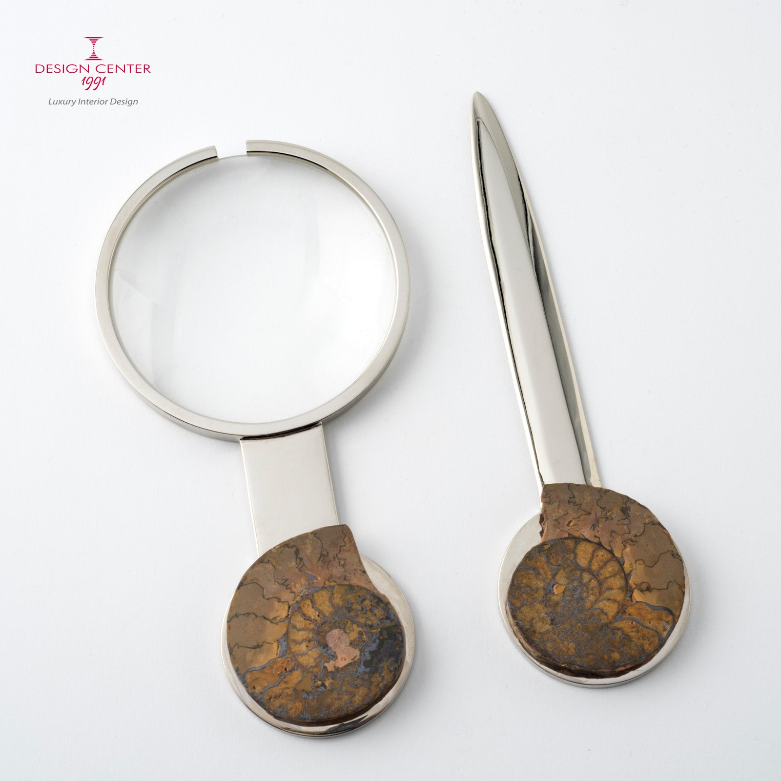 Set Lente e Tagliacarte con ammoniti autentiche - Collezione Fossiline