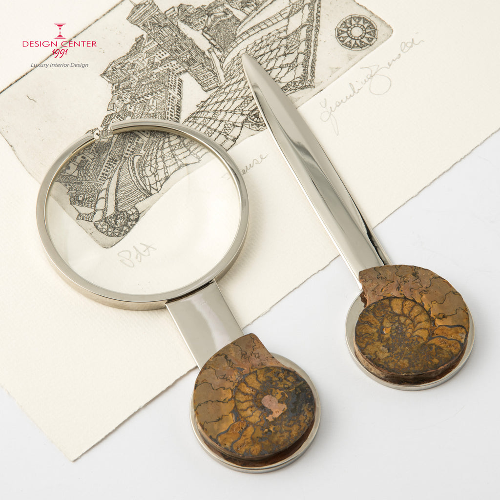 Set Lente e Tagliacarte con ammoniti autentiche - Collezione Fossiline