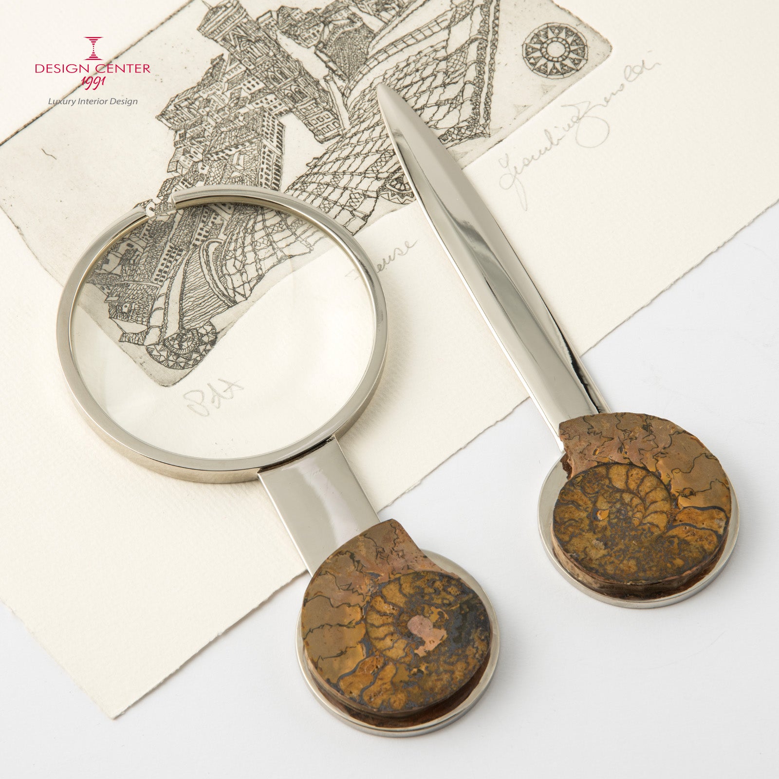 Set Lente e Tagliacarte con ammoniti autentiche - Collezione Fossiline