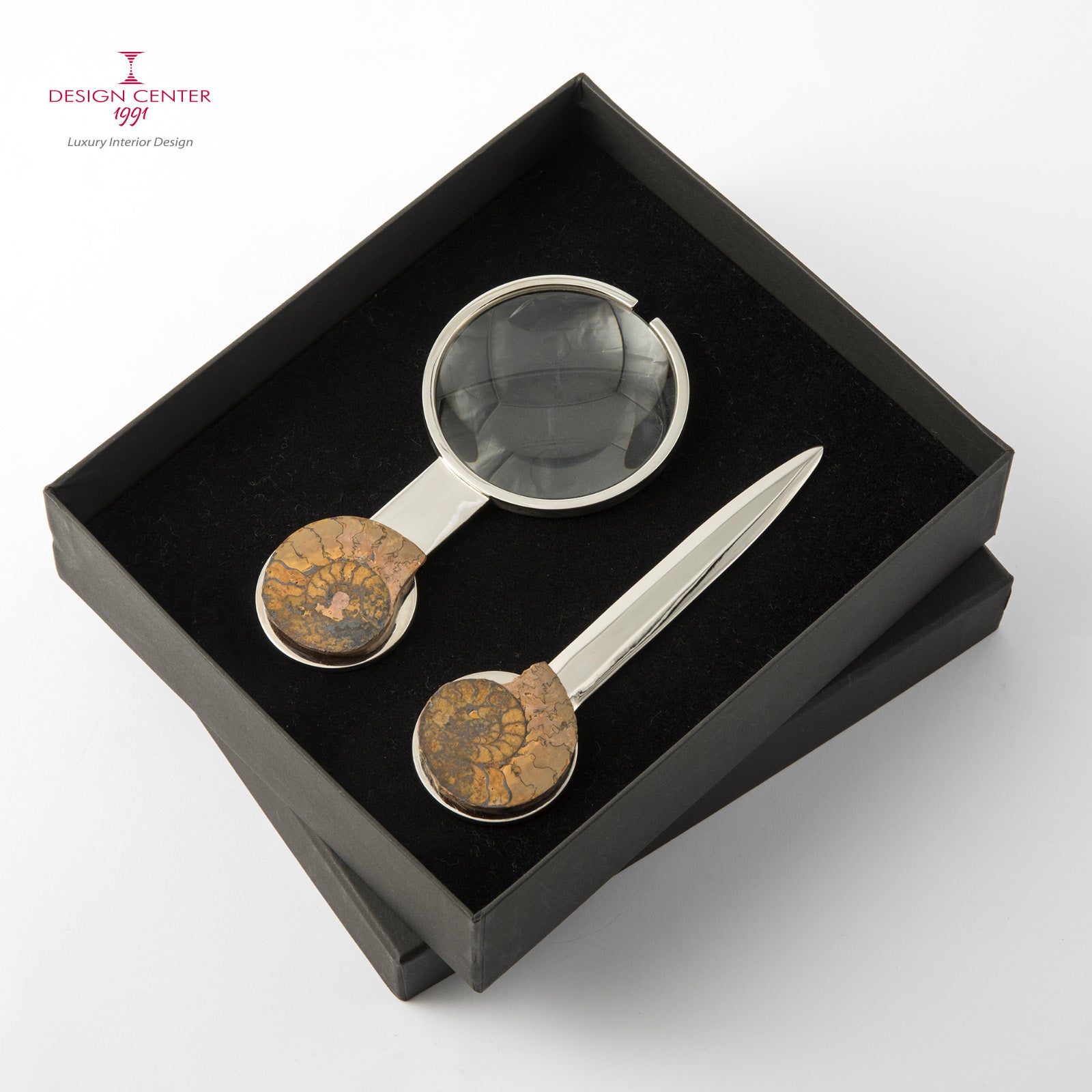 Set Lente e Tagliacarte con ammoniti autentiche - Collezione Fossiline