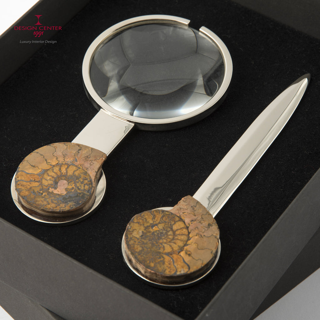 Set Lente e Tagliacarte con ammoniti autentiche - Collezione Fossiline