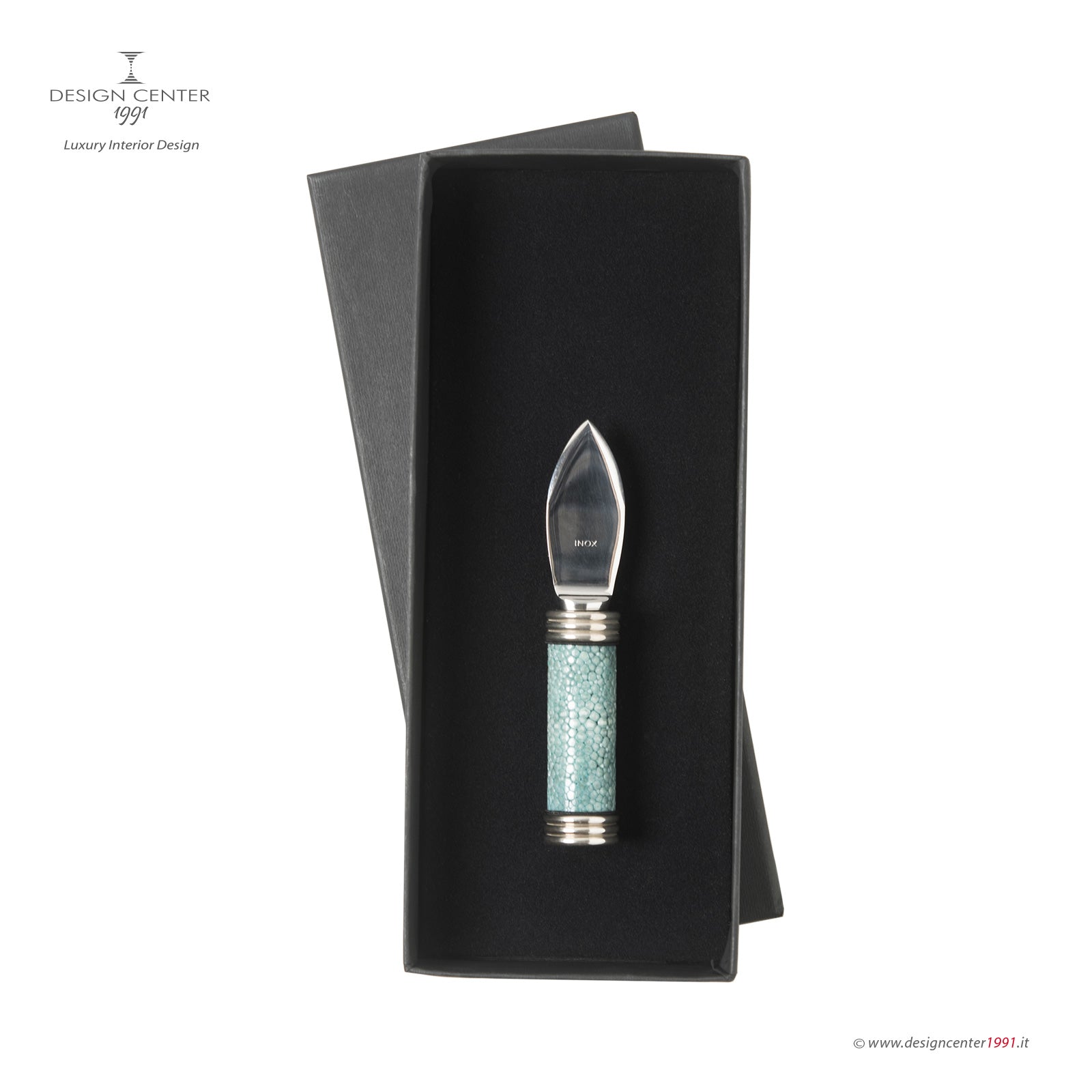 Coltello per formaggio grana in pelle shagreen verde - Design Nino Basso