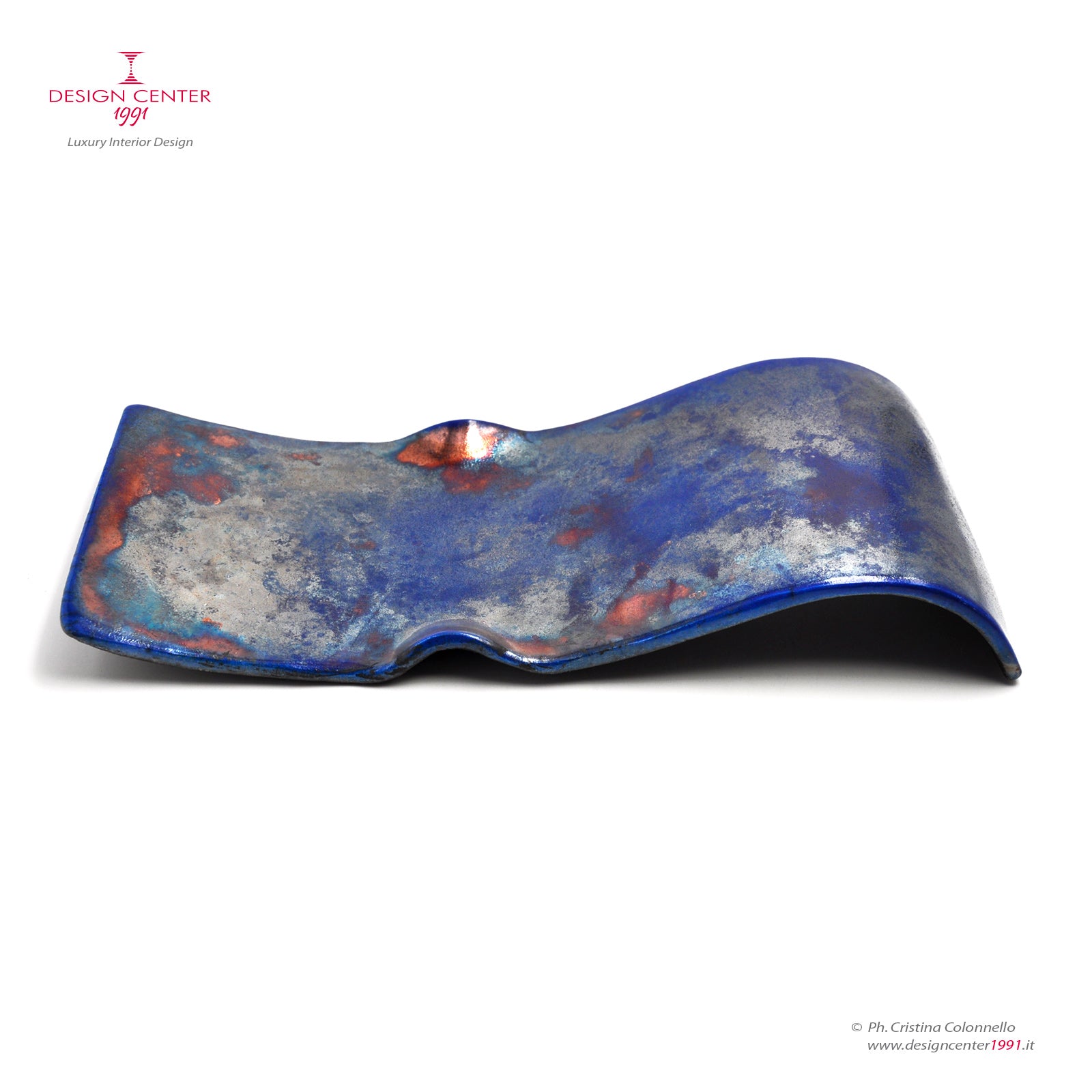 ONDA PICCOLA BLU ARGENTATO - Piatto decorativo  in Raku  - Pezzo unico di Nino Basso
