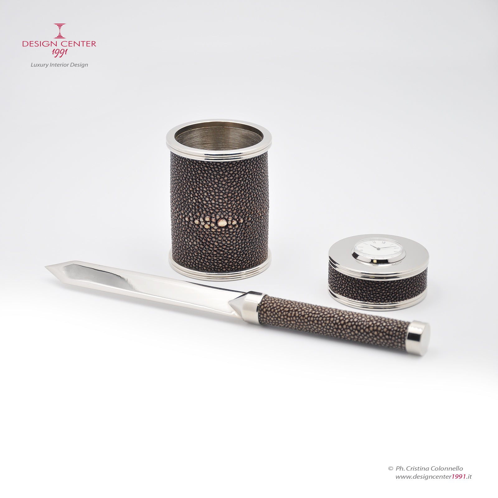 Coffee-colored shagreen leather desk set - Galucharme collection, design Nino Basso