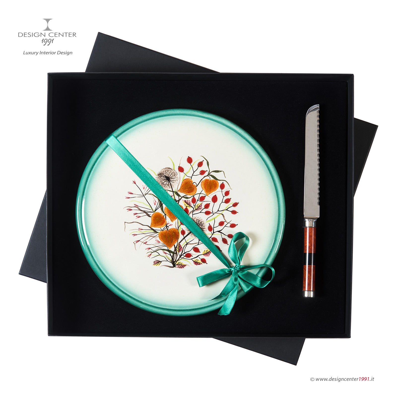 Hand painted ceramic dessert set and knife