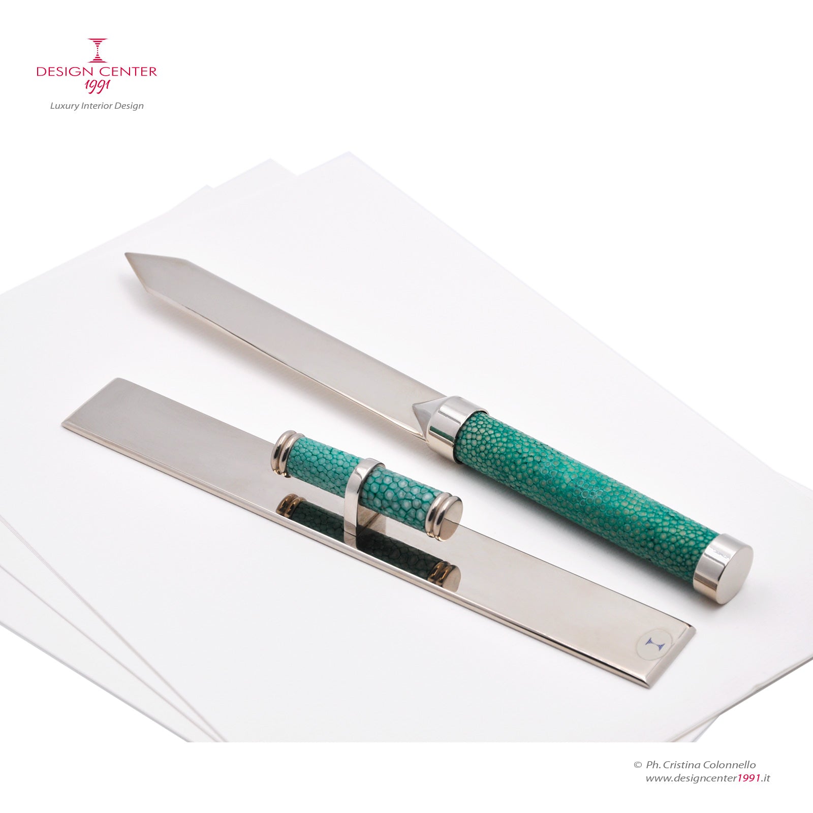 Set tagliacarte e righello in pelle shagreen verde smeraldo - Collezione Galucharme