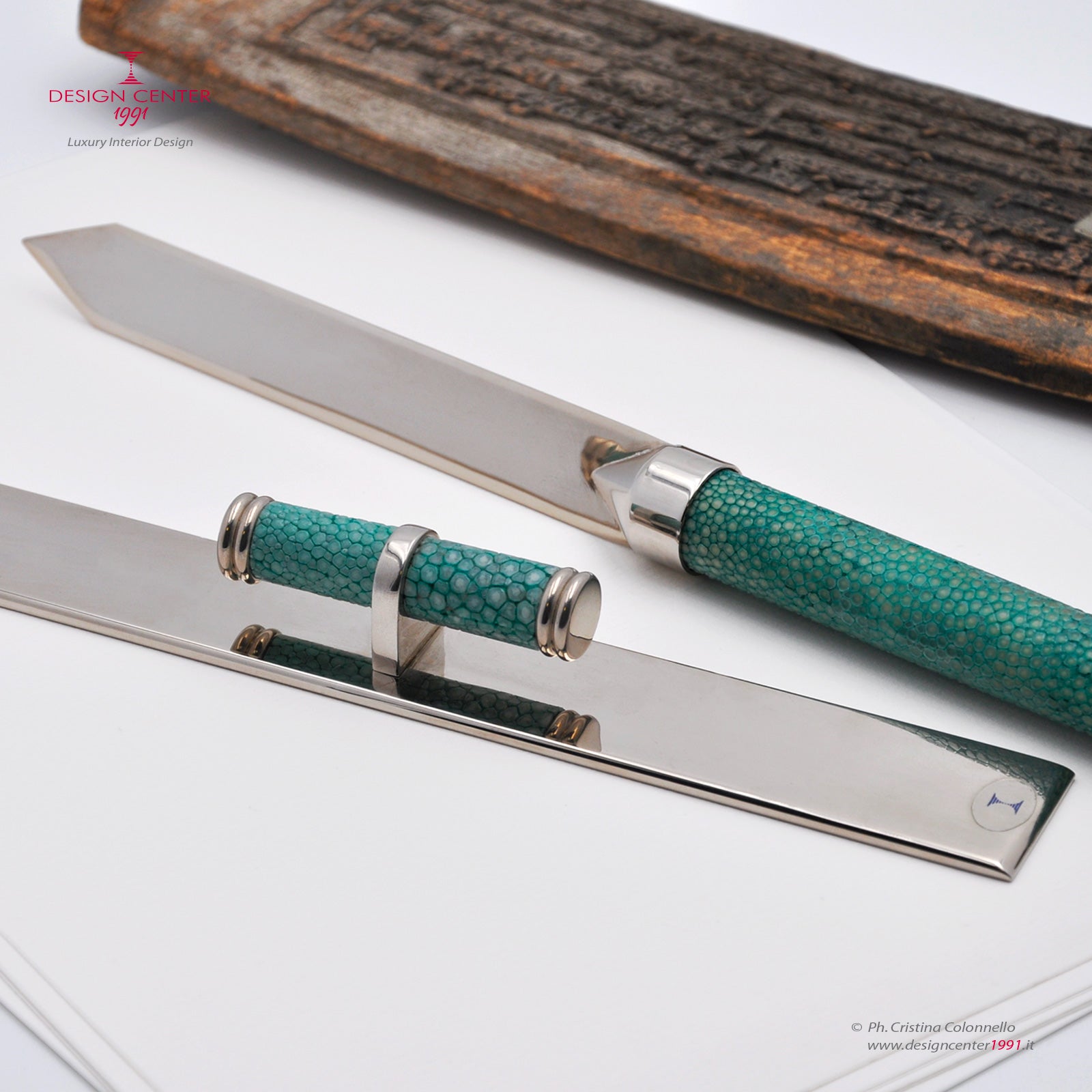Set tagliacarte e righello in pelle shagreen verde smeraldo - Collezione Galucharme